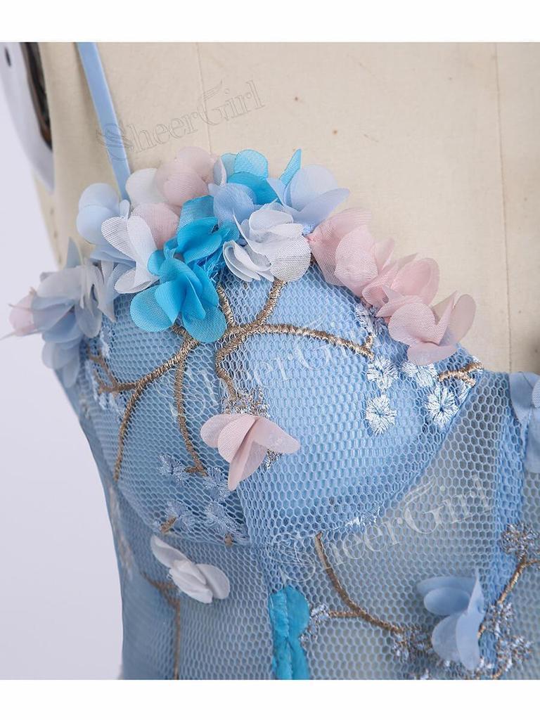 Princess Spaghetti Strap 3D Flower Applique Sky Blue Prom Dresses Ball Gowns DMH90