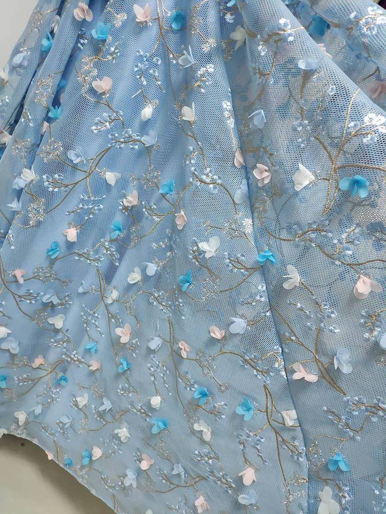 A-Line Lace Spaghetti Straps Long Light Blue Prom Dress DME42