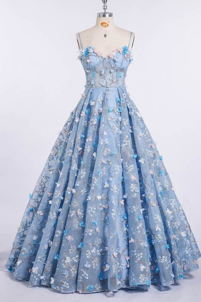 A-Line Lace Spaghetti Straps Long Light Blue Prom Dress DME42