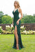 Spaghetti Strap Emerald Green Prom Dresses Slit Sheath Sequined Formal Evening Dress DMI63