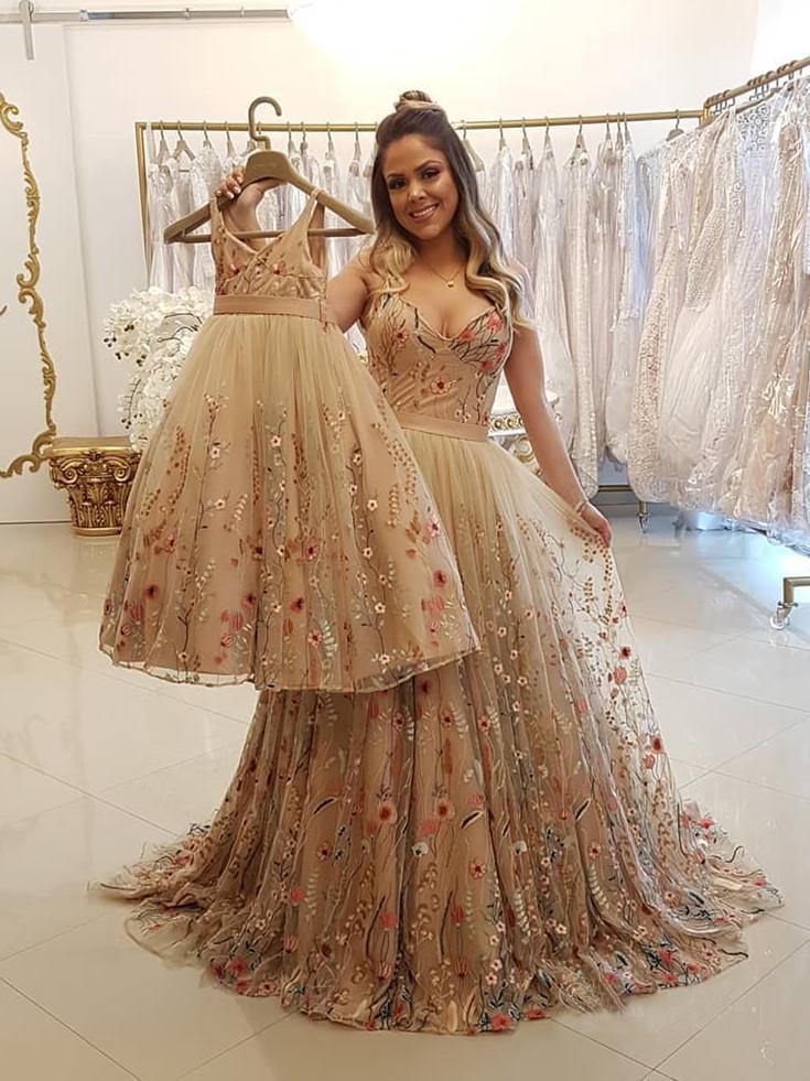 Spaghetti Strap A Line Floral Embroidery Prom Dresses Long Formal Party Dress DMH48