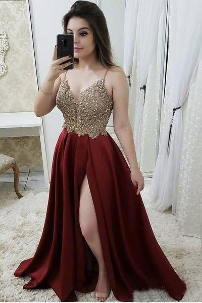 Spaghetti Strap A Line Maroon Long Beaded Prom Dresses with Slit and Gold Lace DMI29
