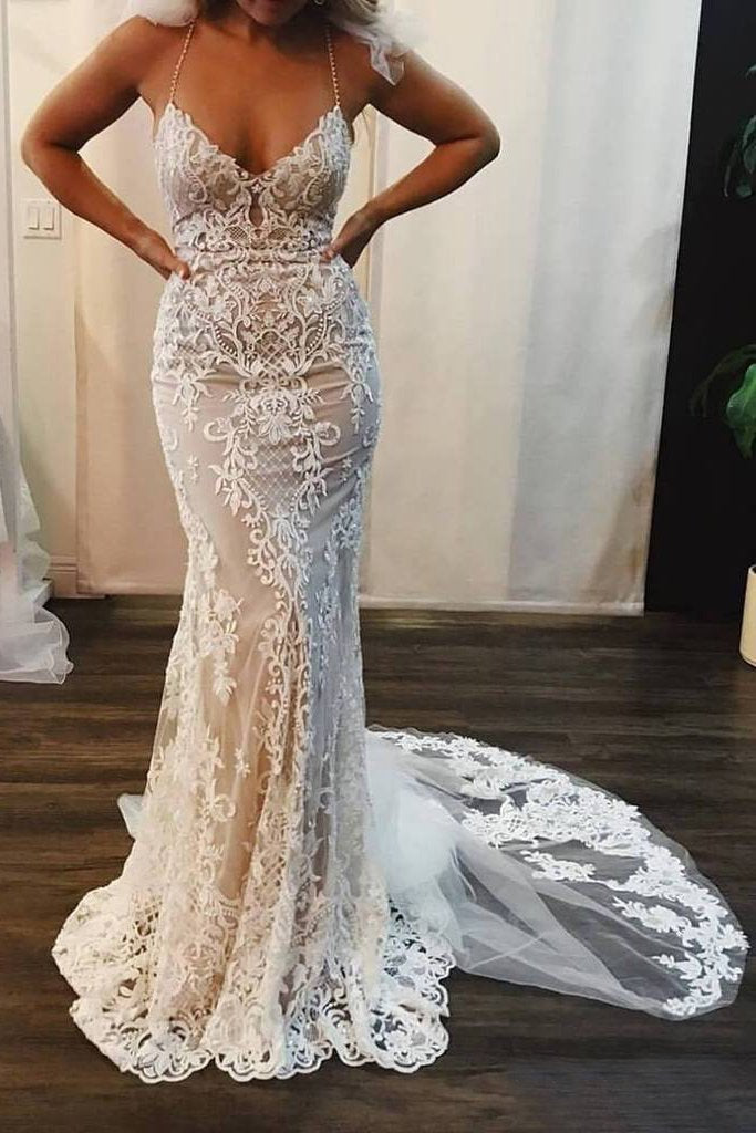 Spaghetti Strap Mermaid Wedding Dresses Lace Appliques Long Bridal Dress DMP77