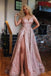 Spaghetti Strap V Neck Rose Gold Sequins Prom Dresses Sexy Side Slit Prom Dress DMN76