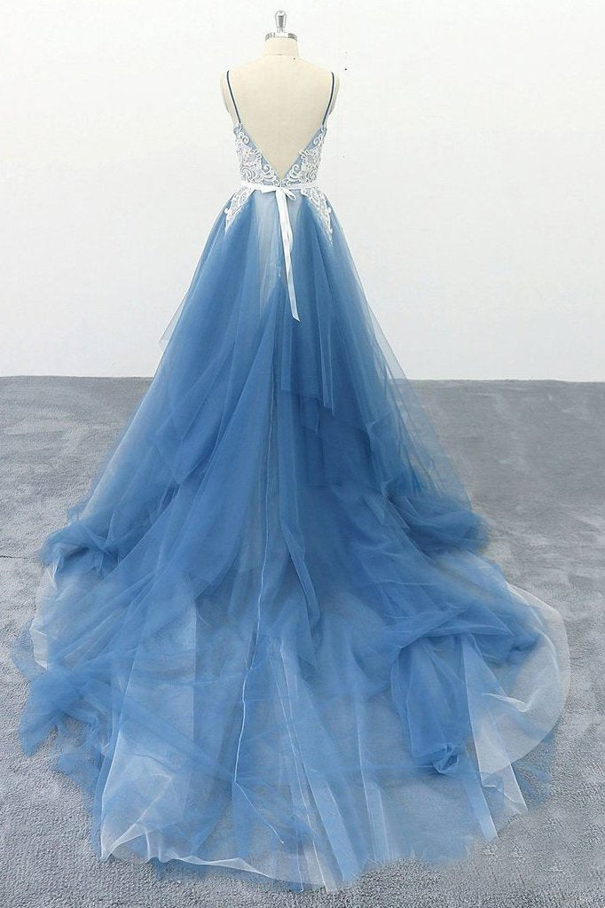 Spaghetti Straps A Line Party Dresses Appliques Blue Tulle Prom Dresses DMS13