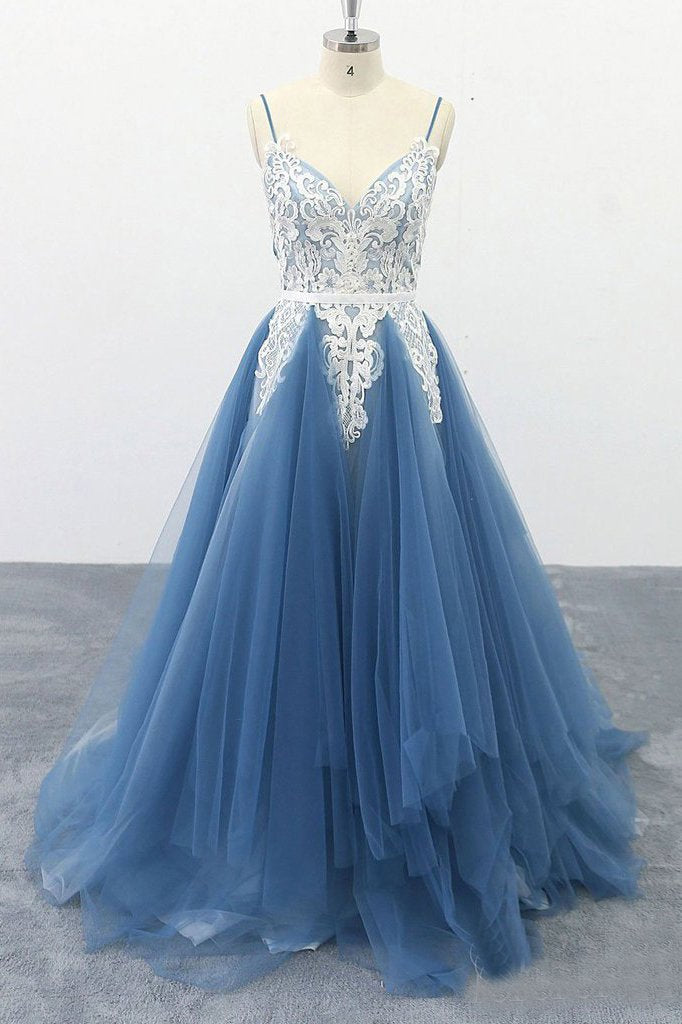 Spaghetti Straps A Line Party Dresses Appliques Blue Tulle Prom Dresses DMS13