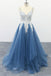 Spaghetti Straps A Line Party Dresses Appliques Blue Tulle Prom Dresses DMS13