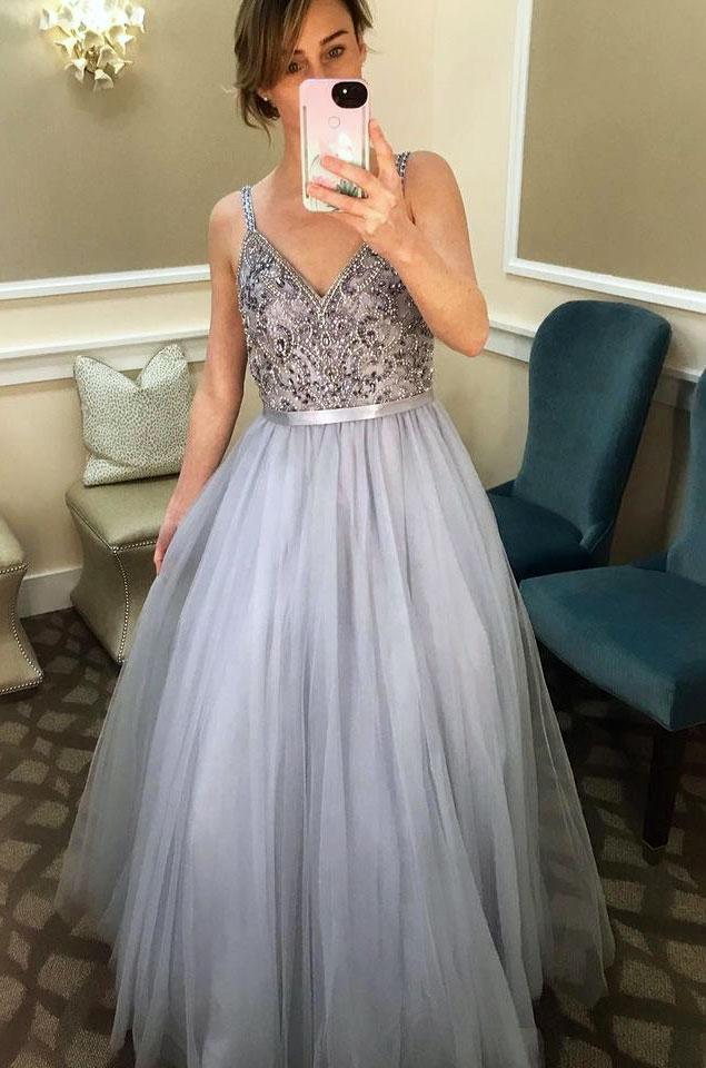 Spaghetti Straps V Neck Tulle Dress for Prom Dresses with Beaded DMO1
