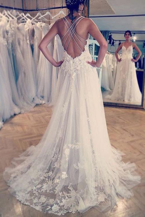 Deep V Neck Applique Wedding Dresses Ivory A Line Wedding Gowns DMP88
