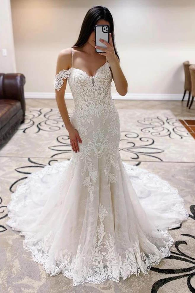Spaghetti Straps Mermaid Lace Applique Tulle Wedding Dresses Bridal Gown DMW26