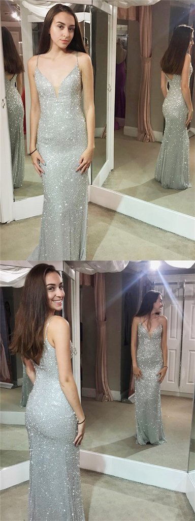 Shiny Mermaid Spaghetti Sheath Silver Long Sexy Prom Dresses DMG35
