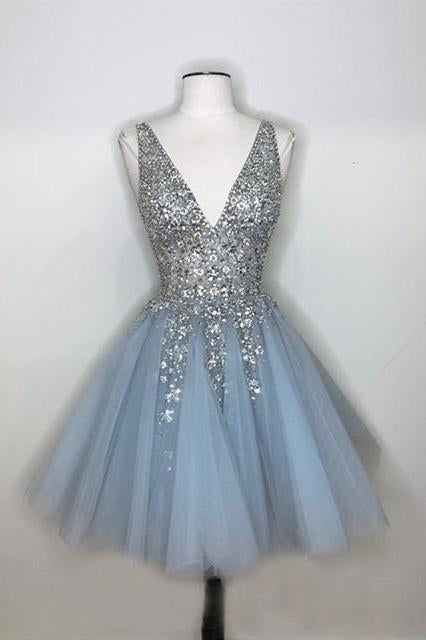 Sparkly A-line Deep V-neck Light Blue Short Homecoming Dresses DMO64