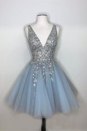 Sparkly A-line Deep V-neck Light Blue Short Homecoming Dresses DMO64
