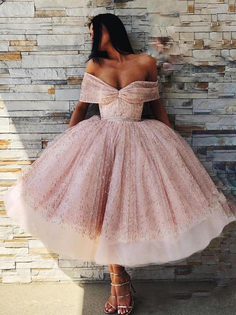 Off Shoulder Tea Length Evening Gowns Off The Shoulder Sparkly Pink Tea Length Ball Gown Prom Dresses Off Shoulder Tea Length Evening Gowns Off The Shoulder Sparkly Pink Tea Length Ball Gown Prom Dresses