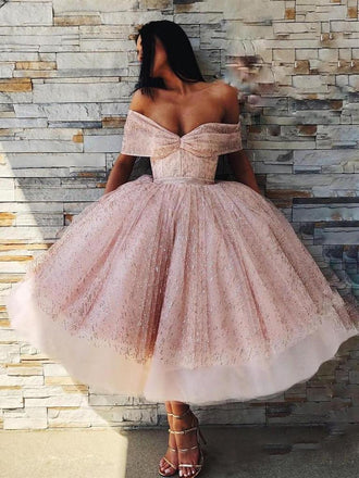 Off the Shoulder Sparkly Pink Tea Length Ball Gown Prom Dresses DMI5