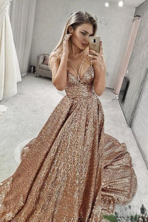Sparkly Sequin V Neck Long Junior Prom Dresses with Straps DMI27