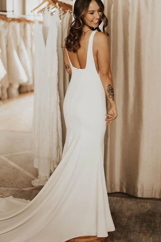 Mermaid Square Neck Simple Long Bridal Dress for Wedding with Sweep Train DMW51