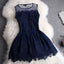 A-line Mini Navy Blue Sleeveless Crew Short Homecoming Dresses With Lace DMD10