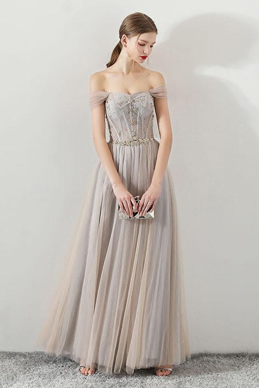A Line Tulle Long Straps Lace Up Back Beaded Prom Dresses,Evening Dress DMG73