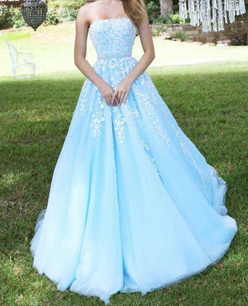 Light Blue A Line Lace Appliques Long Tulle Prom Dress, Evening Dress, School Party Gown DM1061