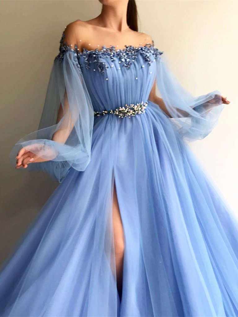 Elegant Blue Long Sleeves Off the Shoulder Beaded Crystal Side Slit Prom Dresses DMC78