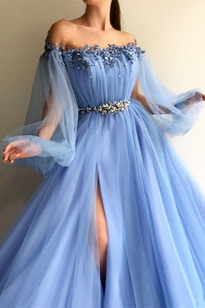Elegant Blue Long Sleeves Off the Shoulder Beaded Crystal Side Slit Prom Dresses DMC78