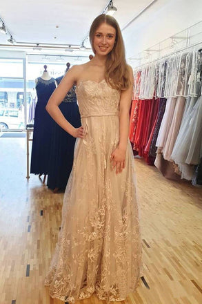 Sweetheart Long Prom Dresses Junior Formal Dresses With Lace Applique DMK53