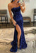 Royal Blue Strapless Mermaid Sequined Long Prom Dresses with Slit, Sparkly Evening Gown DMP194