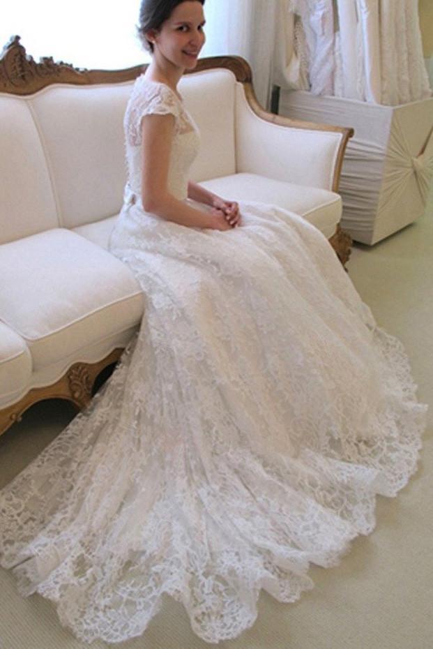 Cap Sleeve Lace A Line Long Affordable Wedding Dresses DMC70