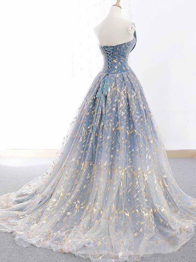 pale blue and gold dress A-Line Tulle Gold/Blue Long Prom Dress, Blue Formal Evening Dress US 16 / Gold/Blue