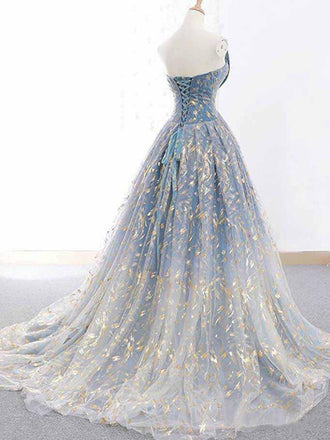 Blue and Gold Lace Ball Gown Prom Dresses, Sweet 16 Princess Quinceanera Dress DMH63