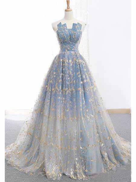 Blue and Gold Lace Ball Gown Prom Dresses, Sweet 16 Princess Quinceanera Dress DMH63