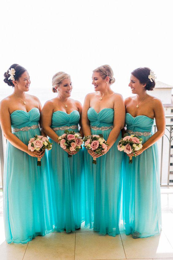 Sweetheart Turquoise Beaded Plus Size Chiffon Long Bridesmaid Dresses DMG55