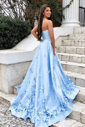 Sweetheart Sky Blue Long Satin Cheap Prom Dresses with 3D Floral Applique DMI2