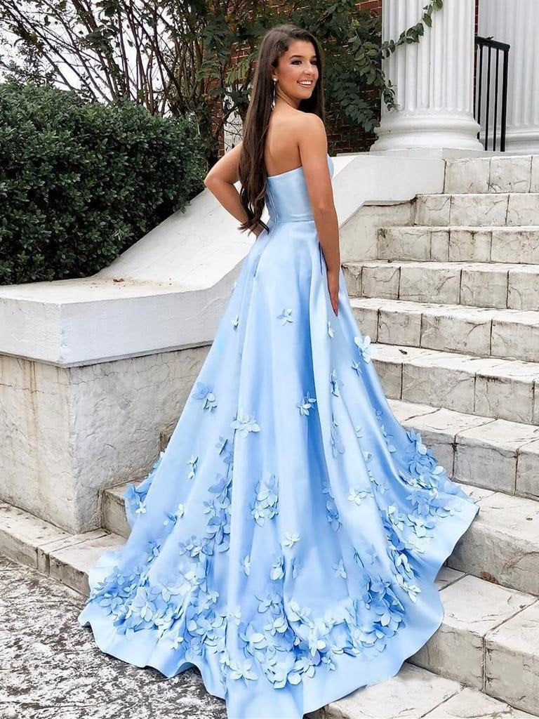 Sweetheart Sky Blue Long Satin Cheap Prom Dresses with 3D Floral Applique DMI2