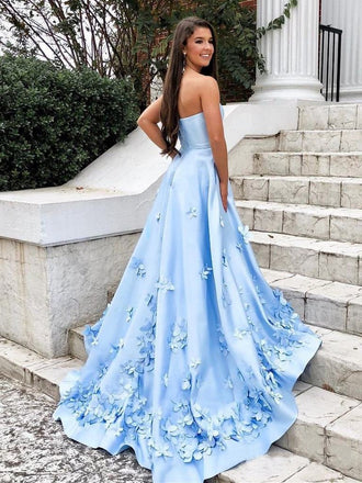 Sweetheart Sky Blue Long Satin Cheap Prom Dresses with 3D Floral Applique DMI2