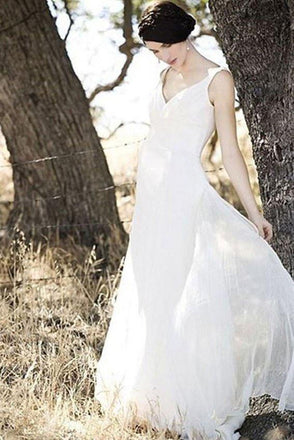 A-line V-neck Ivory Chiffon Floor Length Sleevesless Simple Beach Wedding Dresses DM223