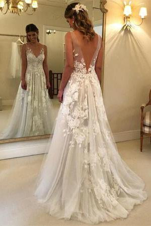 Elegant A-line V-neck Tulle Floor Length Wedding Dresses With Lace Appliques DMC94