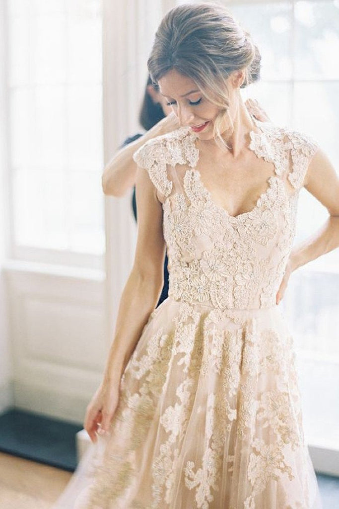 Pearl Pink A Line V-neck Sleeveless Floor-Length Tulle Wedding Dress With Lace Appliques DM379