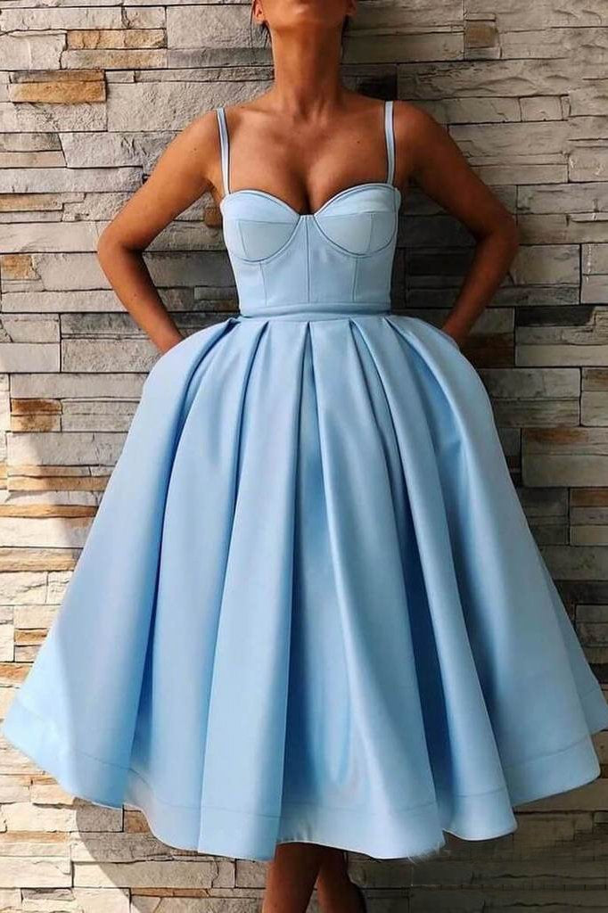 Tea Length Sky Blue Prom Dress with Pocket Spaghetti Straps Simple Graduation Dress OKN81 Demodresses Tea Length Sky Blue Prom Dress with Pocket Spaghetti Straps Simple Graduation Dress OKN81 Demodresses
