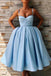 Tea Length Sky Blue Prom Dress with Pocket Spaghetti Straps Simple Graduation Dress DMN81