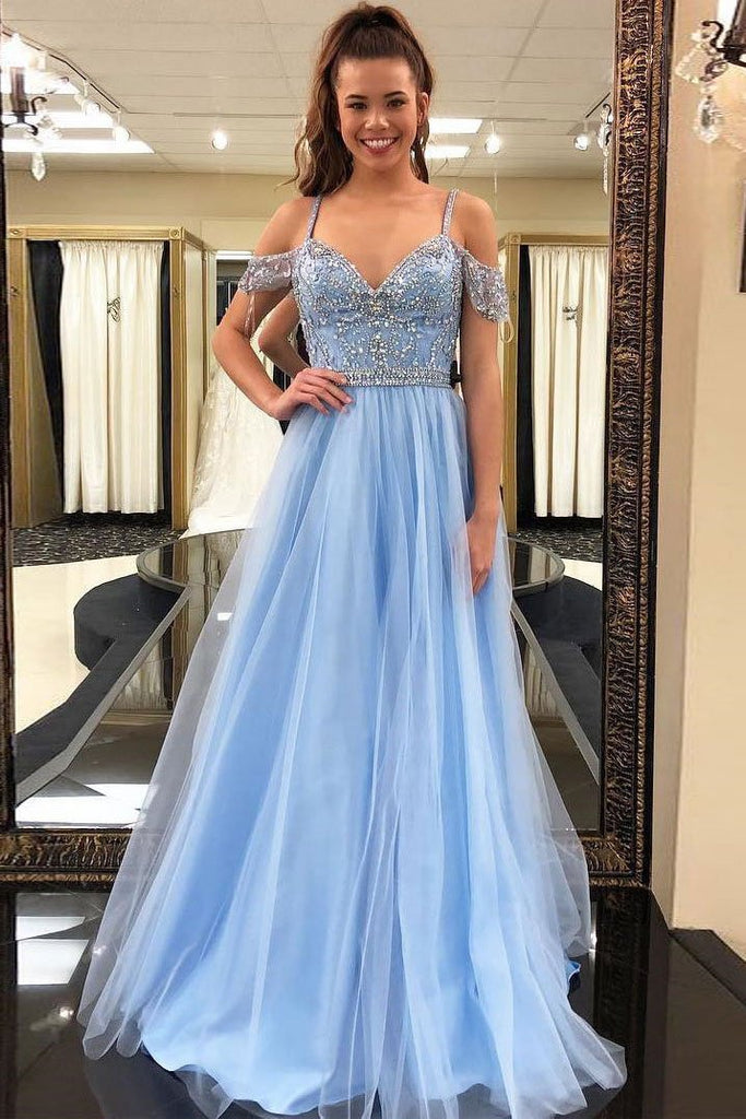 Gorgeous Beading Blue Tulle Long Puffy Prom Dress,Graduation Dress – Demodresses