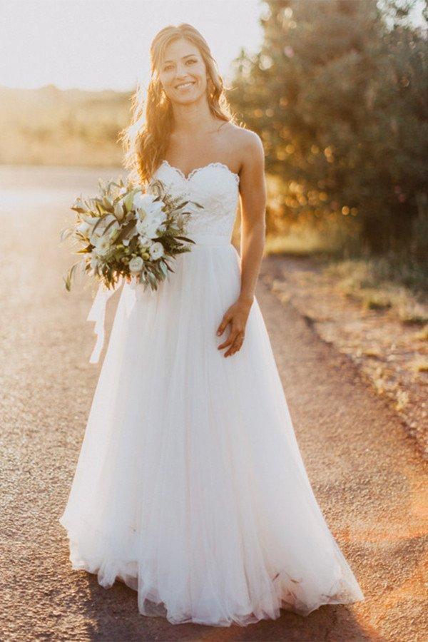 Beach Sweetheart White Wedding Dress with Lace,Casual A Line Wedding Dresses DM109