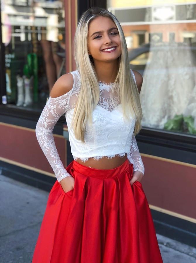 Two Piece Long Sleeves Cold Shoulder Red Long Prom Dress with White Lace Pockets DMI73