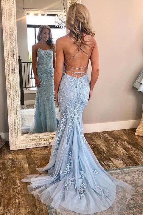 Blue Lace Applique Mermaid Sexy Cheap Long Prom Dress DME39