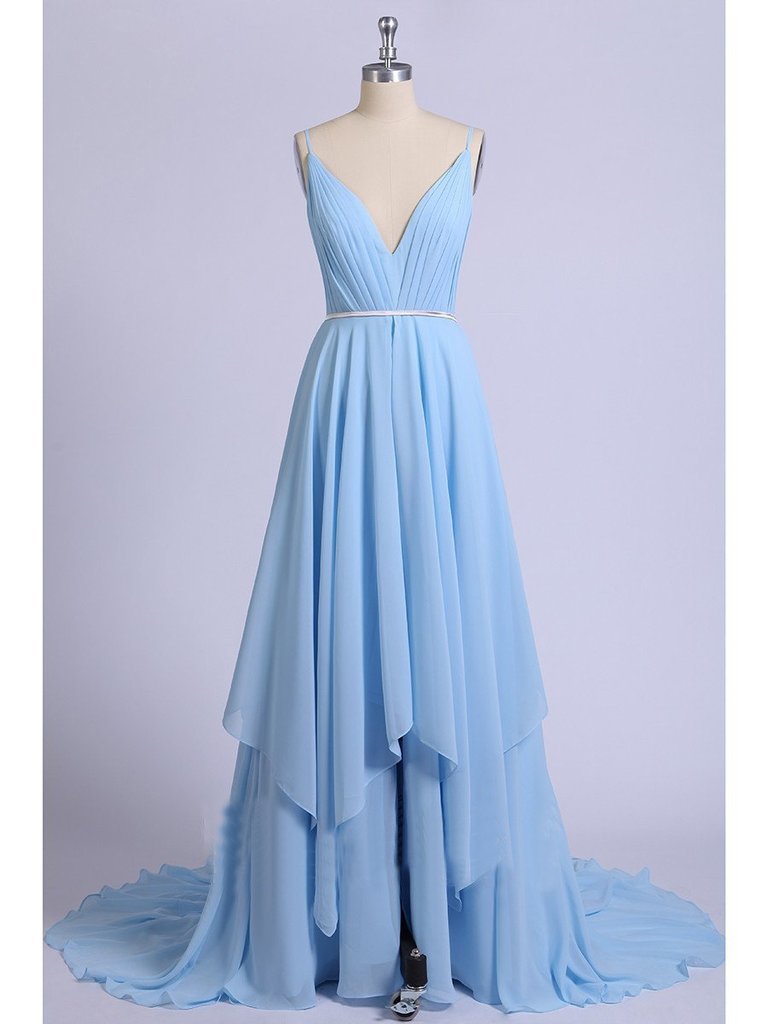 Sexy Split Sky Blue Beach Simple Wedding Dresses Chiffon Long Prom Dress DMI21