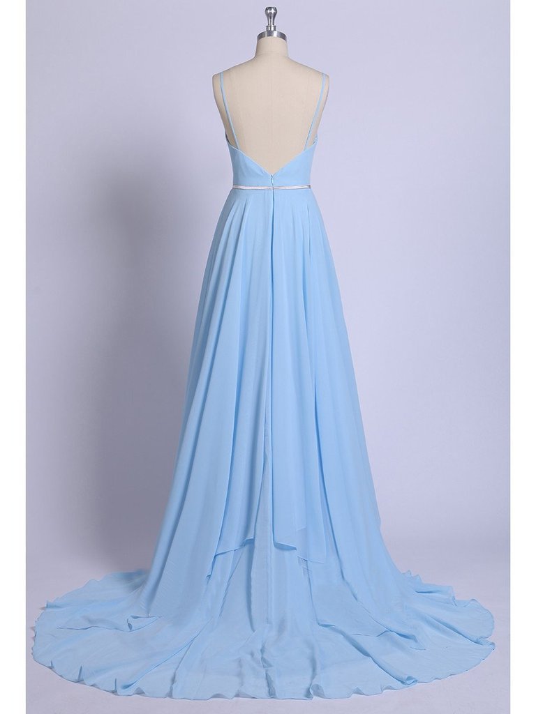 Sexy Split Sky Blue Beach Simple Wedding Dresses Chiffon Long Prom Dress DMI21