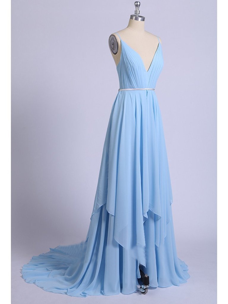 Sexy Split Sky Blue Beach Simple Wedding Dresses Chiffon Long Prom Dress DMI21