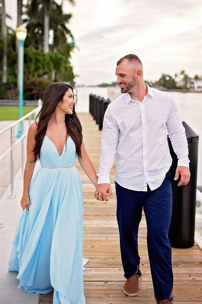 blue beach wedding dress Sexy Split Sky Blue Beach Simple Wedding Dresses Chiffon Long Prom Dress OKI21 – Demodresses