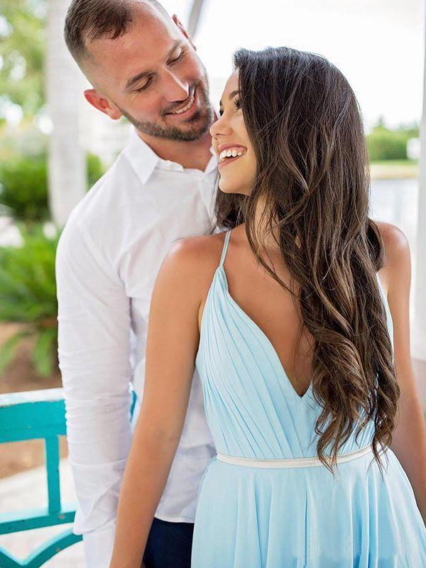 Sexy Split Sky Blue Beach Simple Wedding Dresses Chiffon Long Prom Dress DMI21